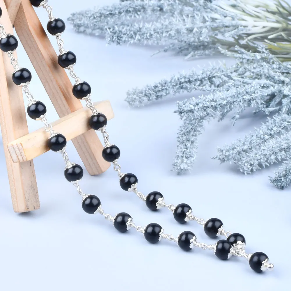 Karungali Black Ebony 925 Silver Flower Caps Mala-8 mm